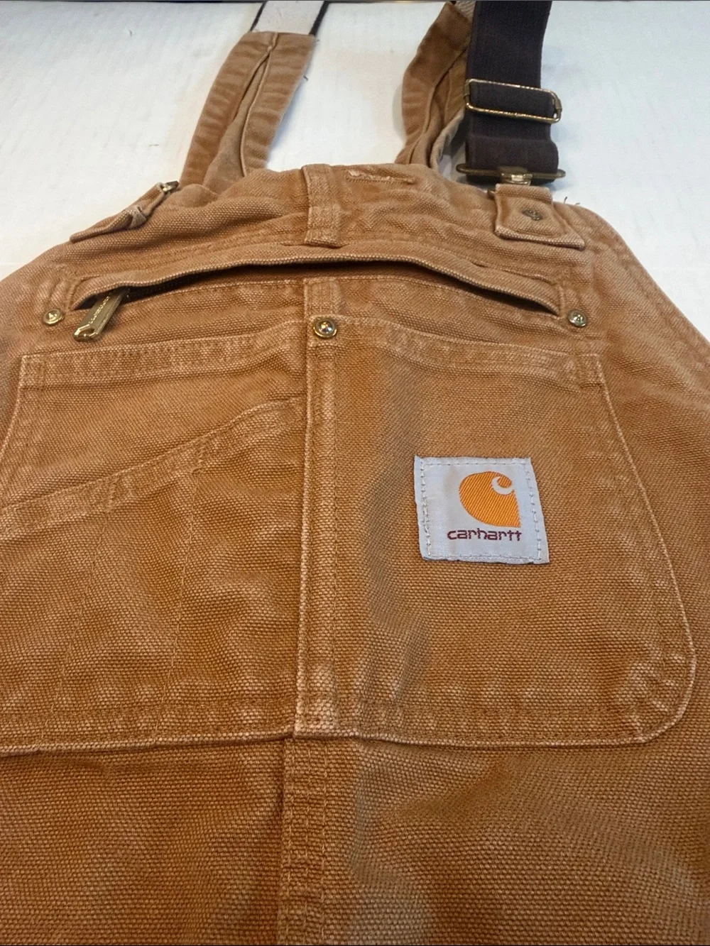 Carhartt Tan Duck Canvas Overalls with Dark Brown Straps